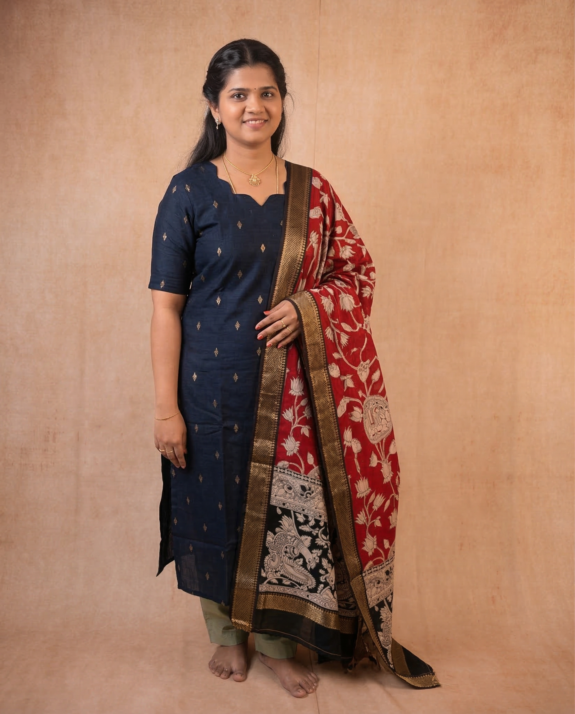 Black kurta with kalamkari shawl