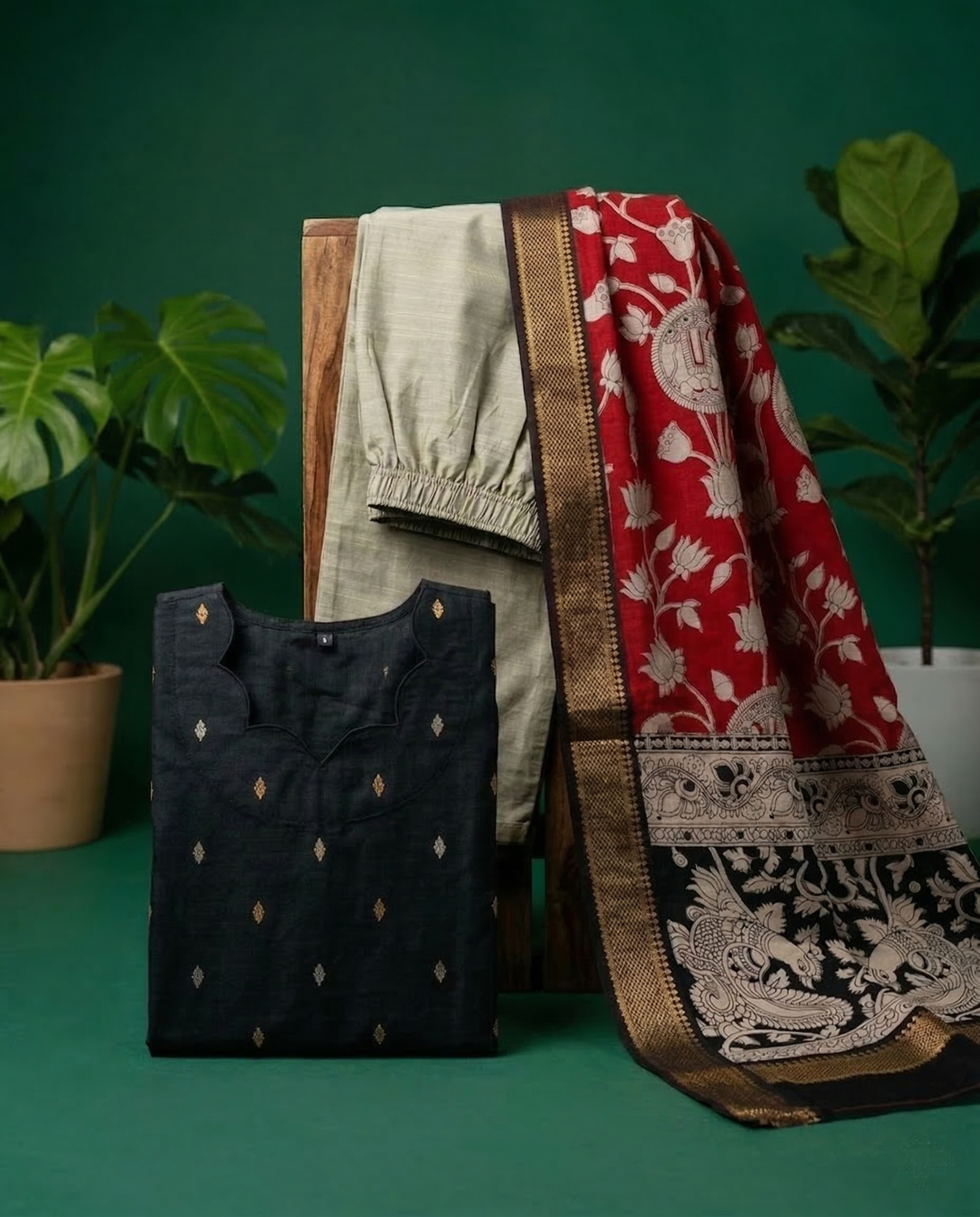 Black kurta with kalamkari shawl