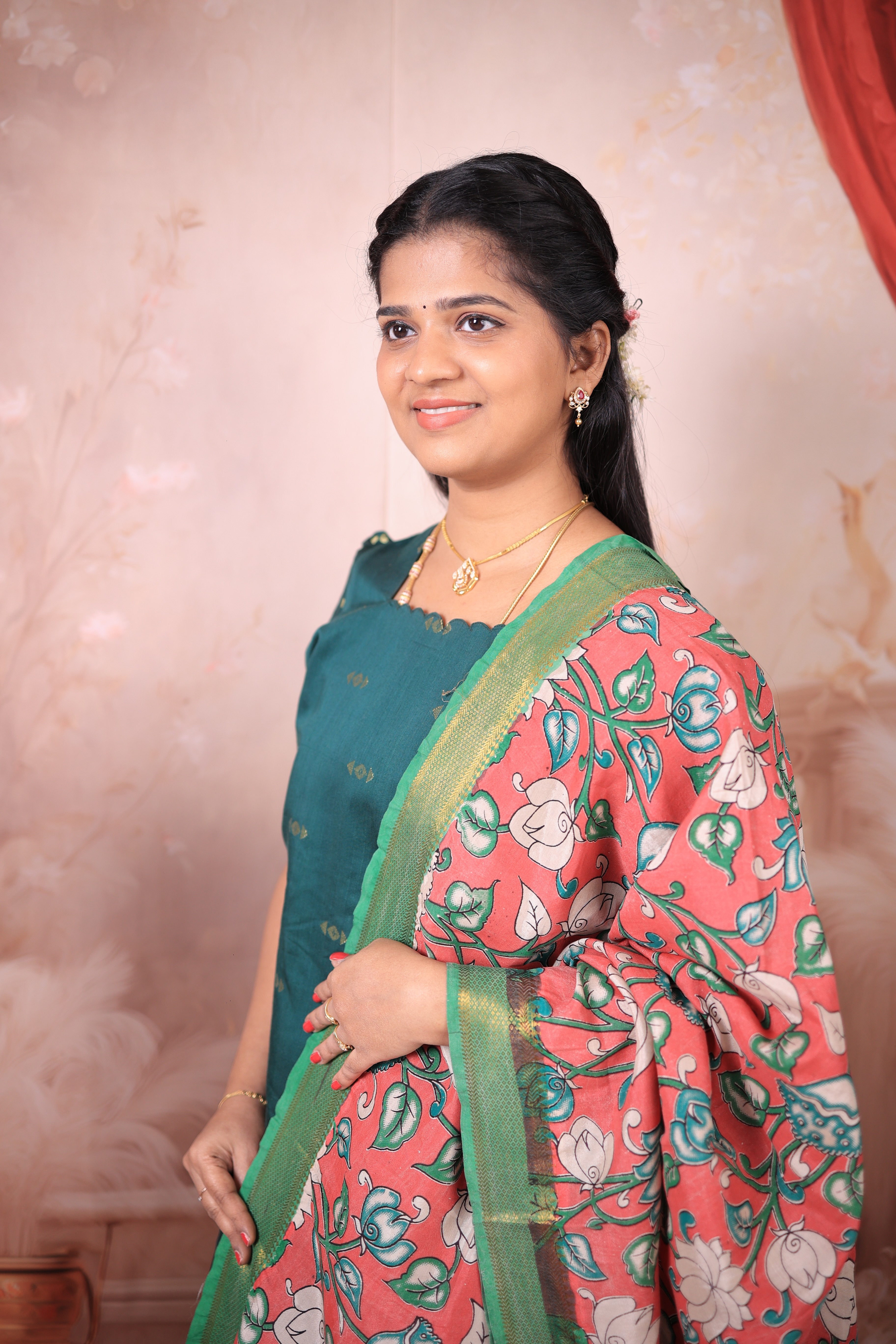 Bottle Green Kurta with Kalamkari Shawl