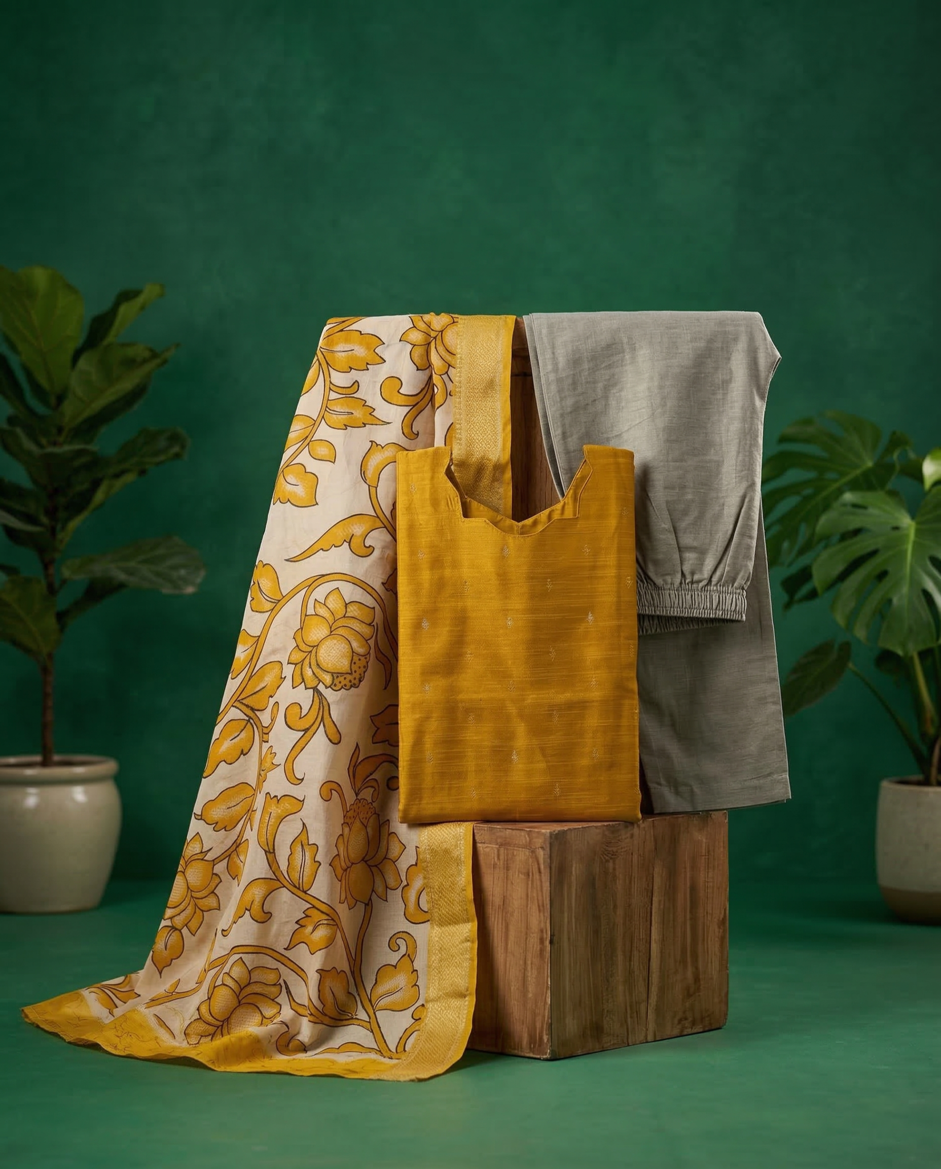 Yellow kurta with kalamkari shawl