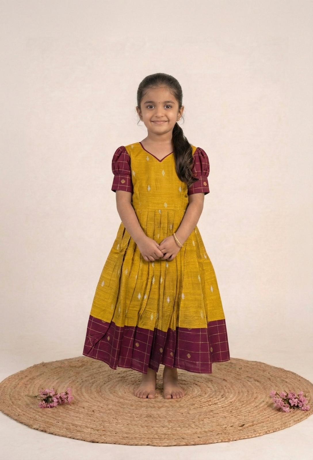 Yellow with Maroon baby frock