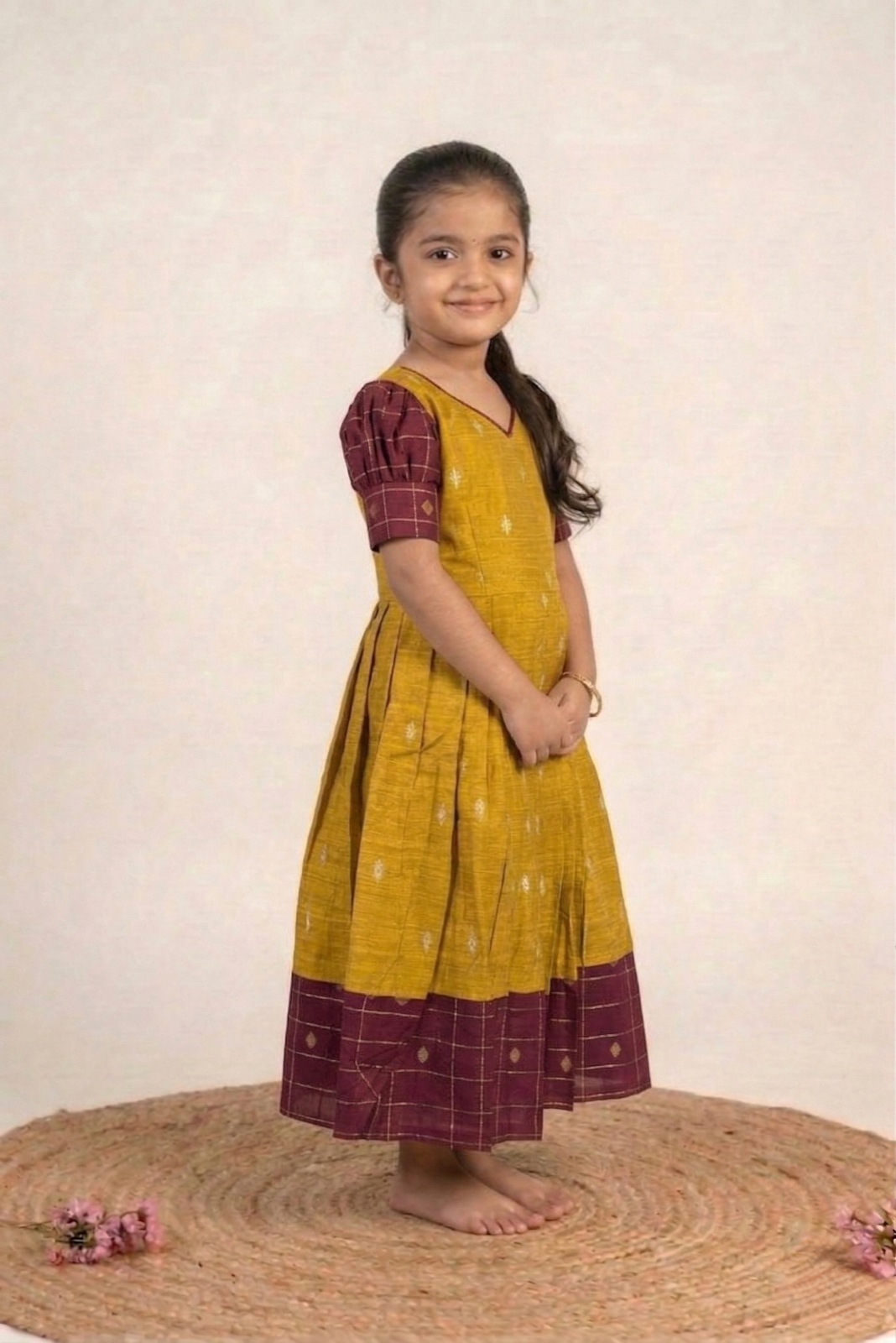 Yellow with Maroon baby frock