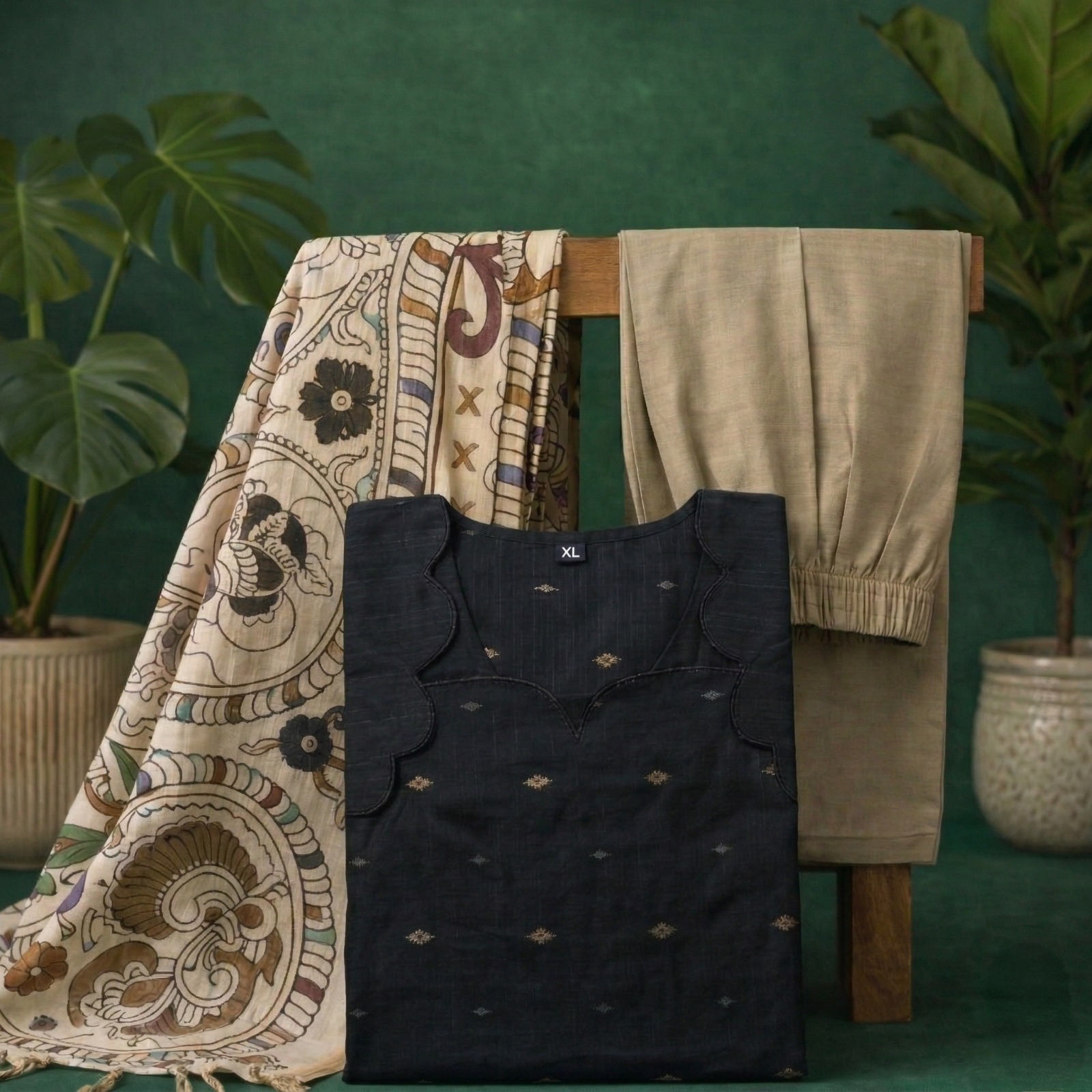 Black kurta with kalamkari shawl