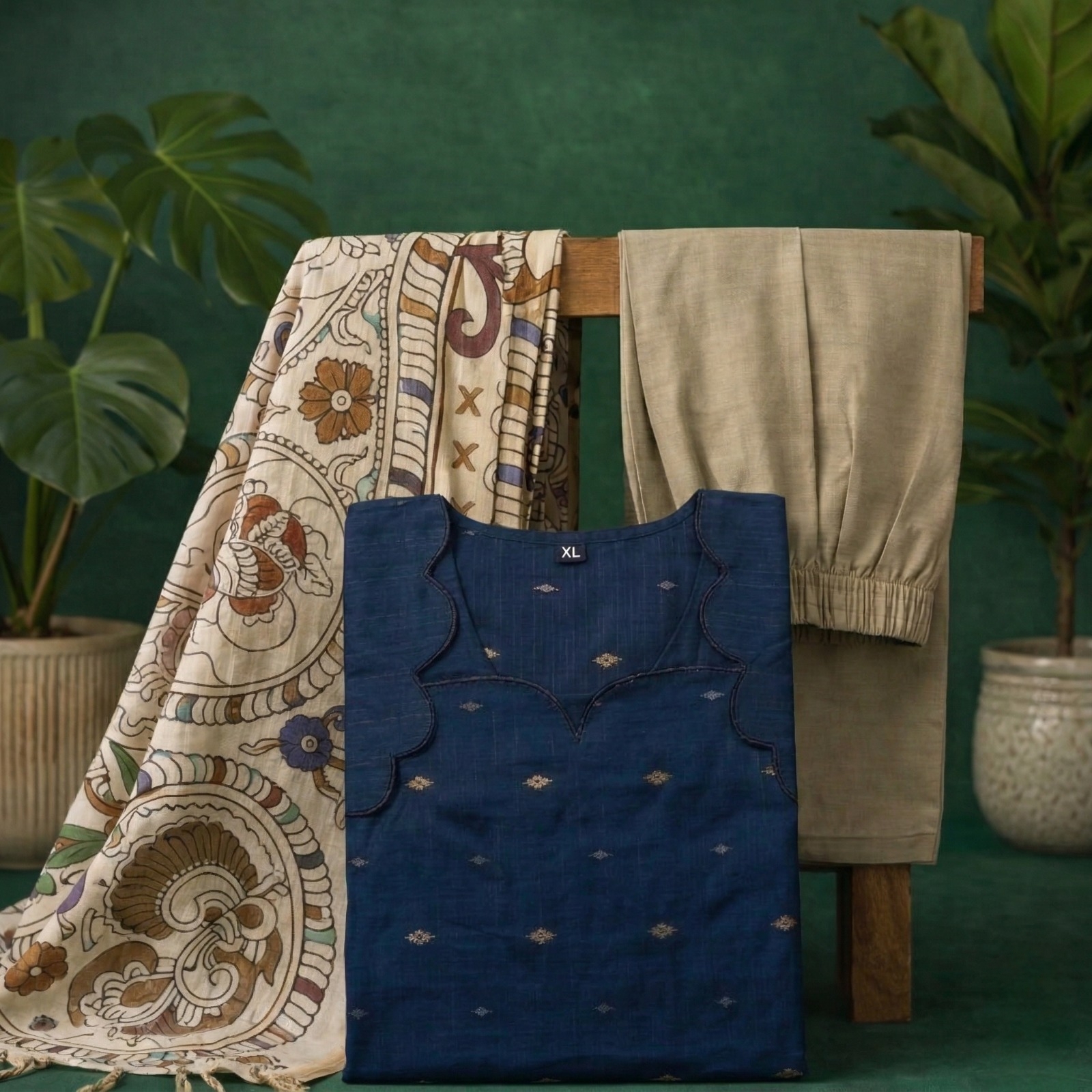 navy Blue kurta with kalamkari shawl