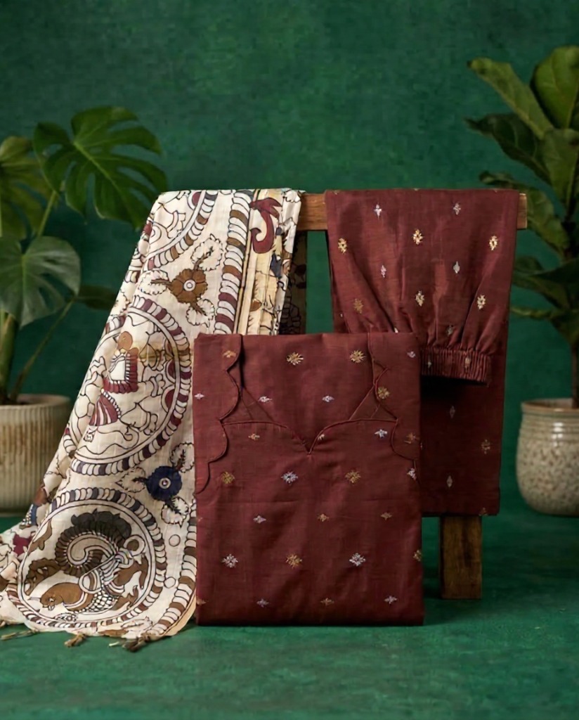 Brown kurta with kalamkari shawl