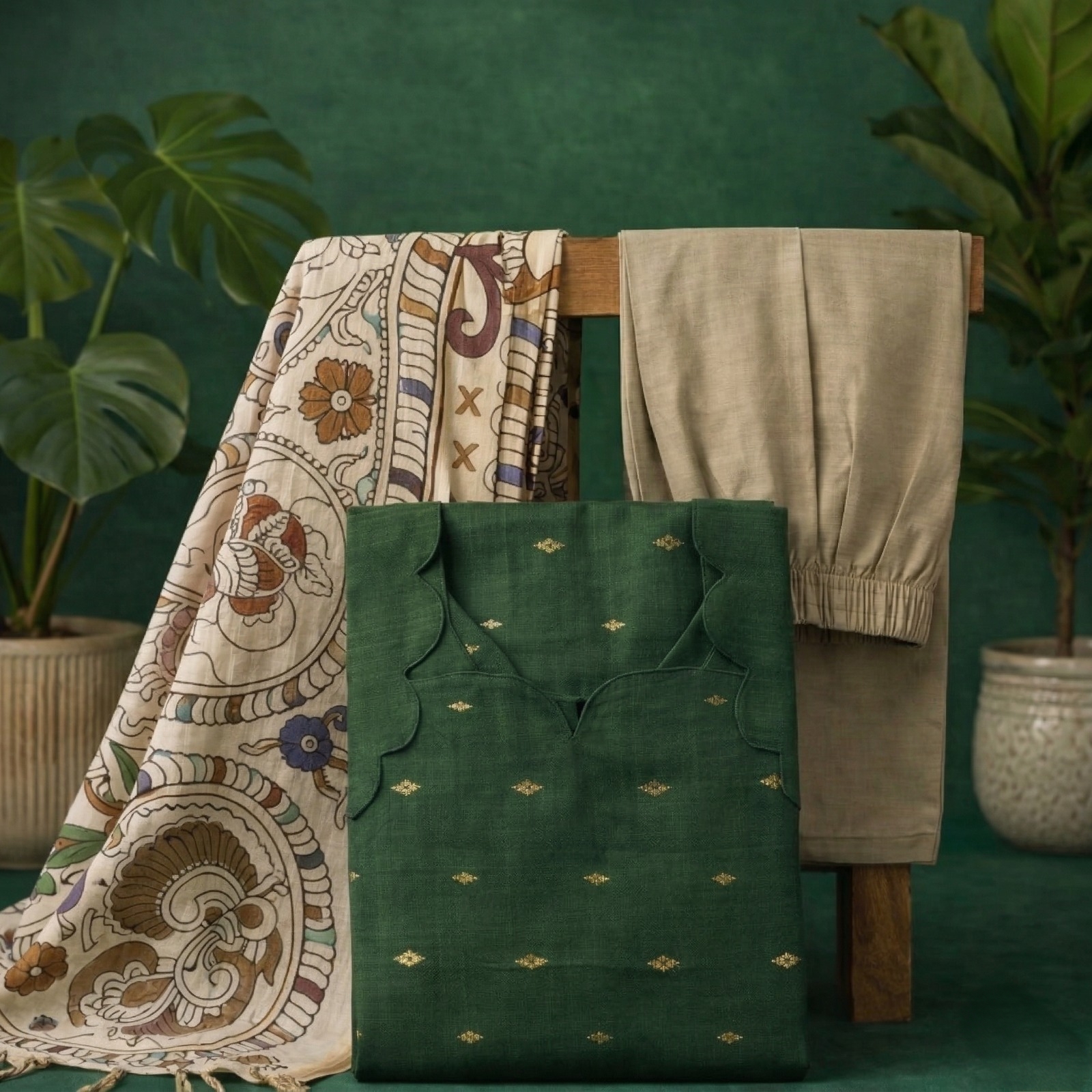 Bottle Green kurta with kalamkari shawl