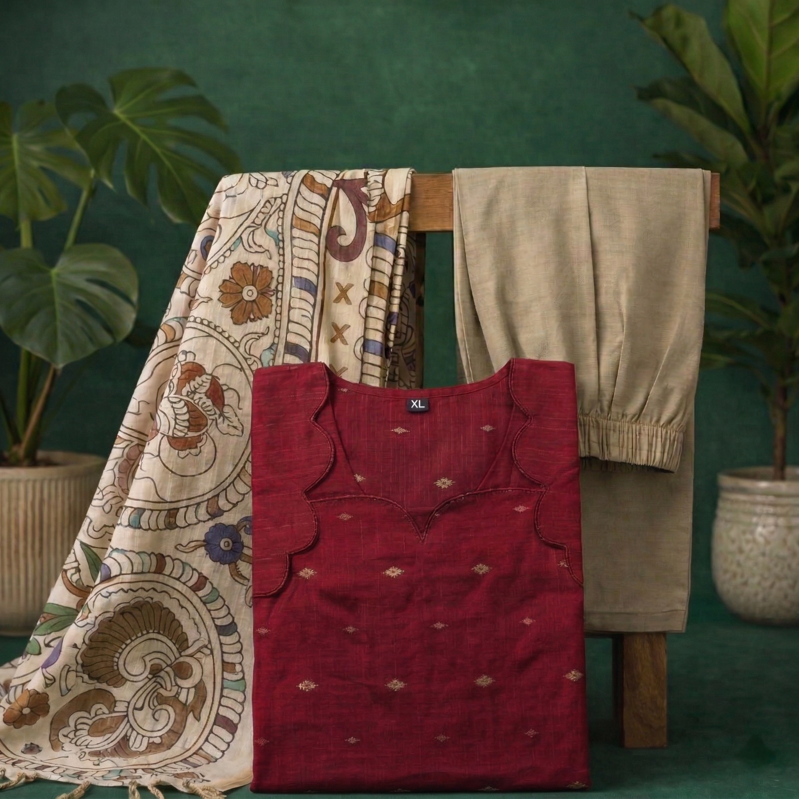 Maroon kurta with kalamkari shawl