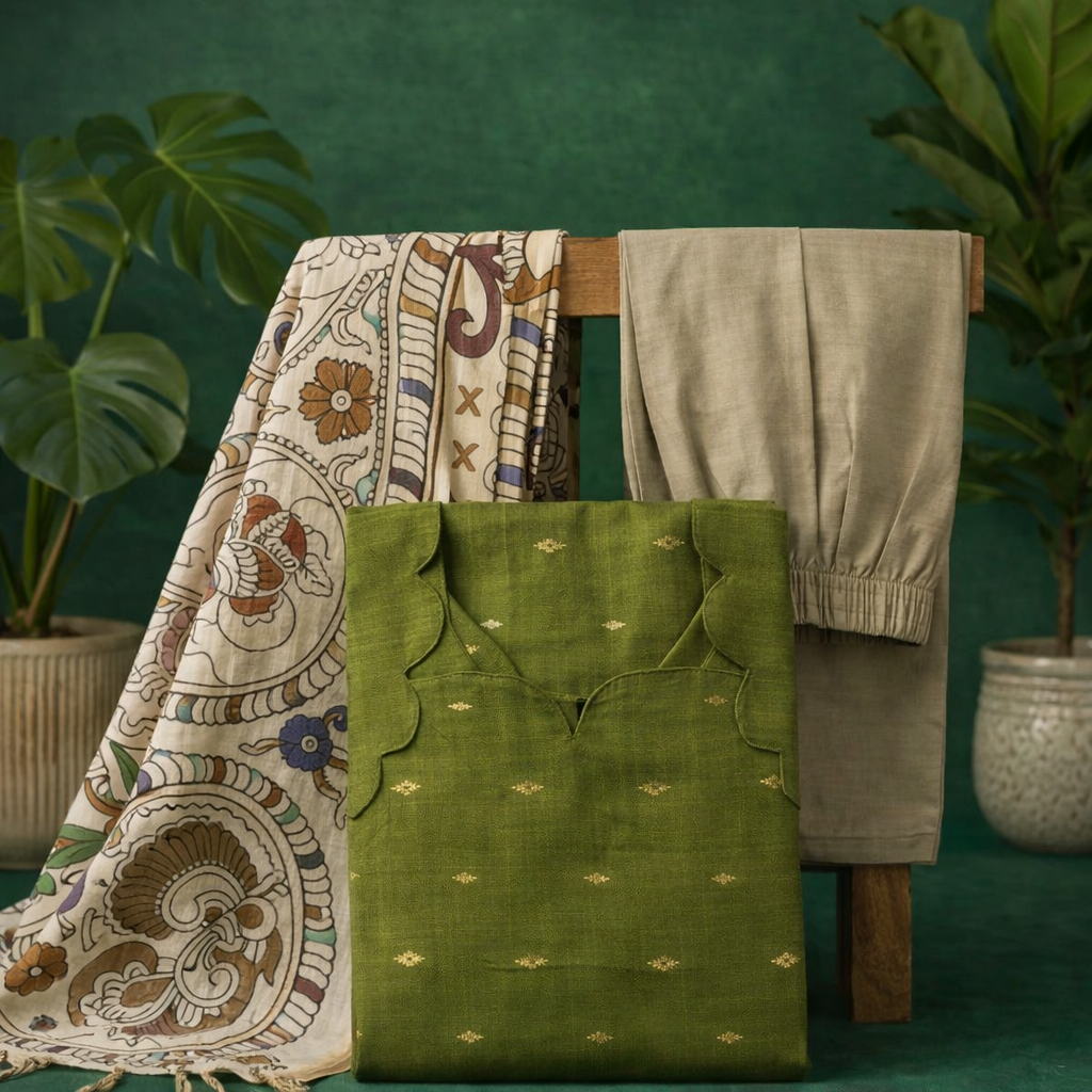 Olive Green kurta with kalamkari shawl