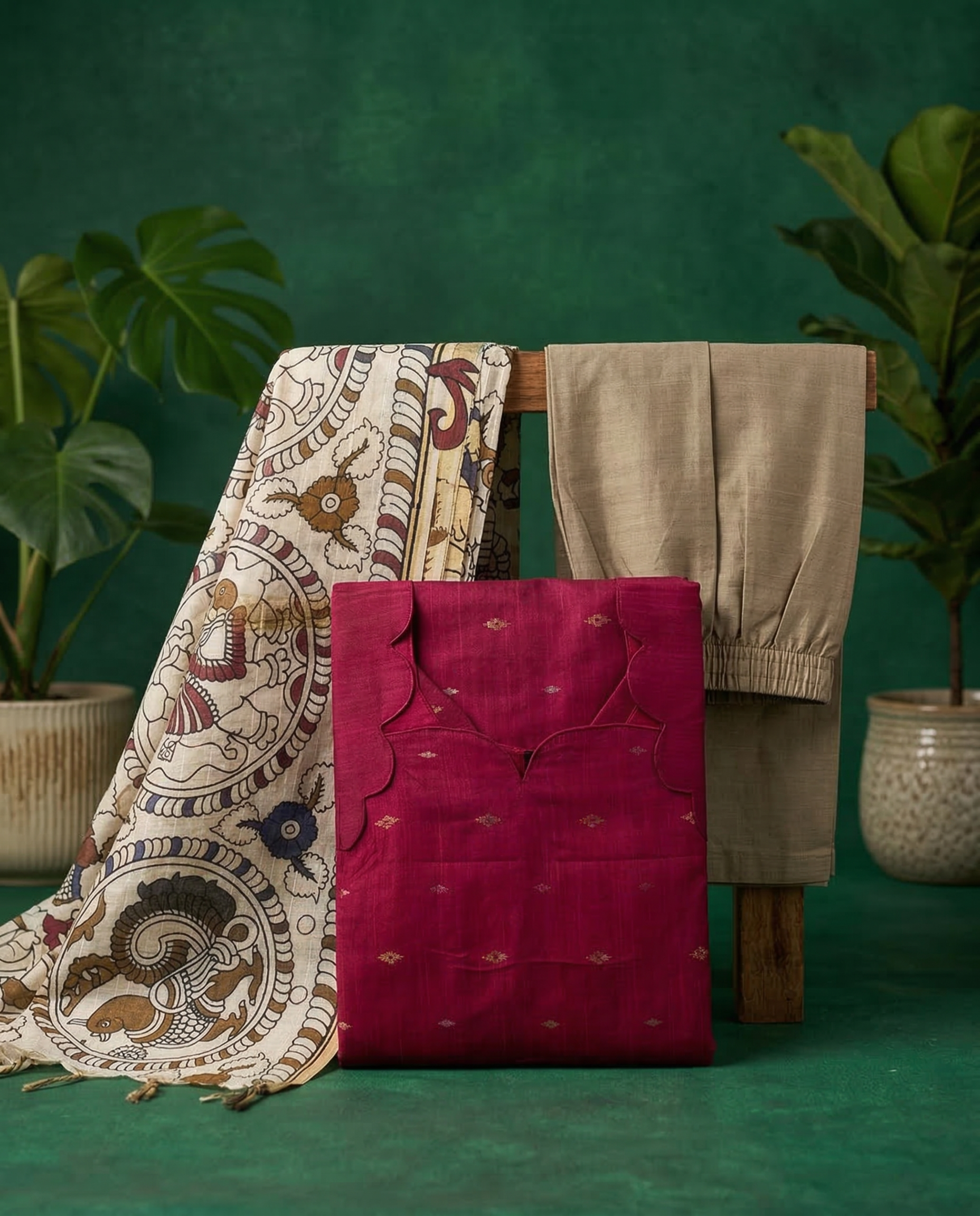 Pink kurta with kalamkari shawl