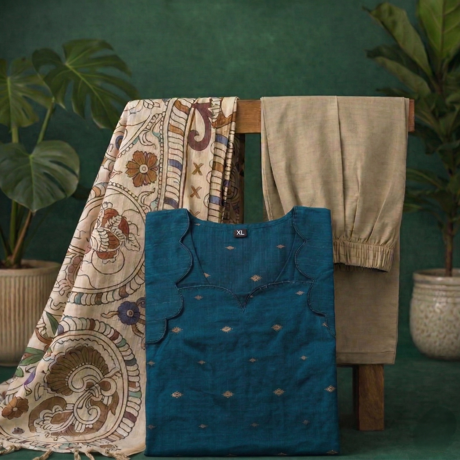 Teal Blue kurta with kalamkari shawl