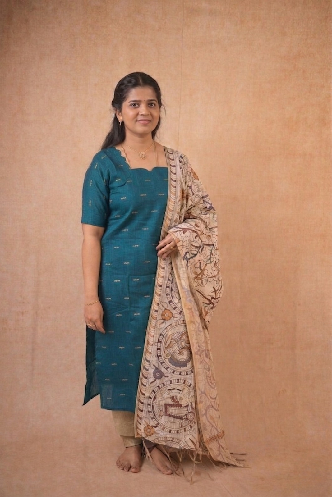Teal Blue kurta with kalamkari shawl