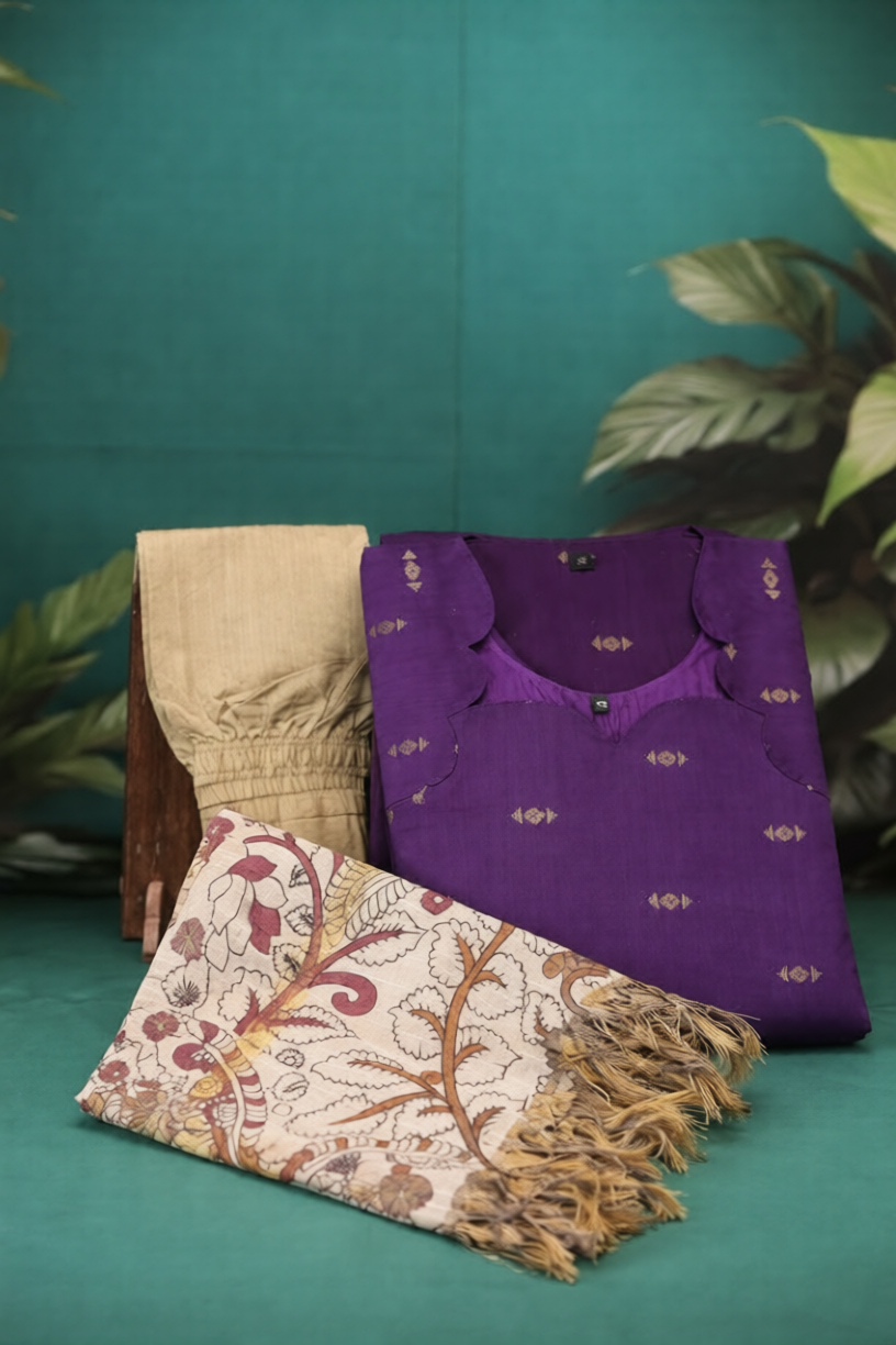 Violet kurta with kalamkari shawl