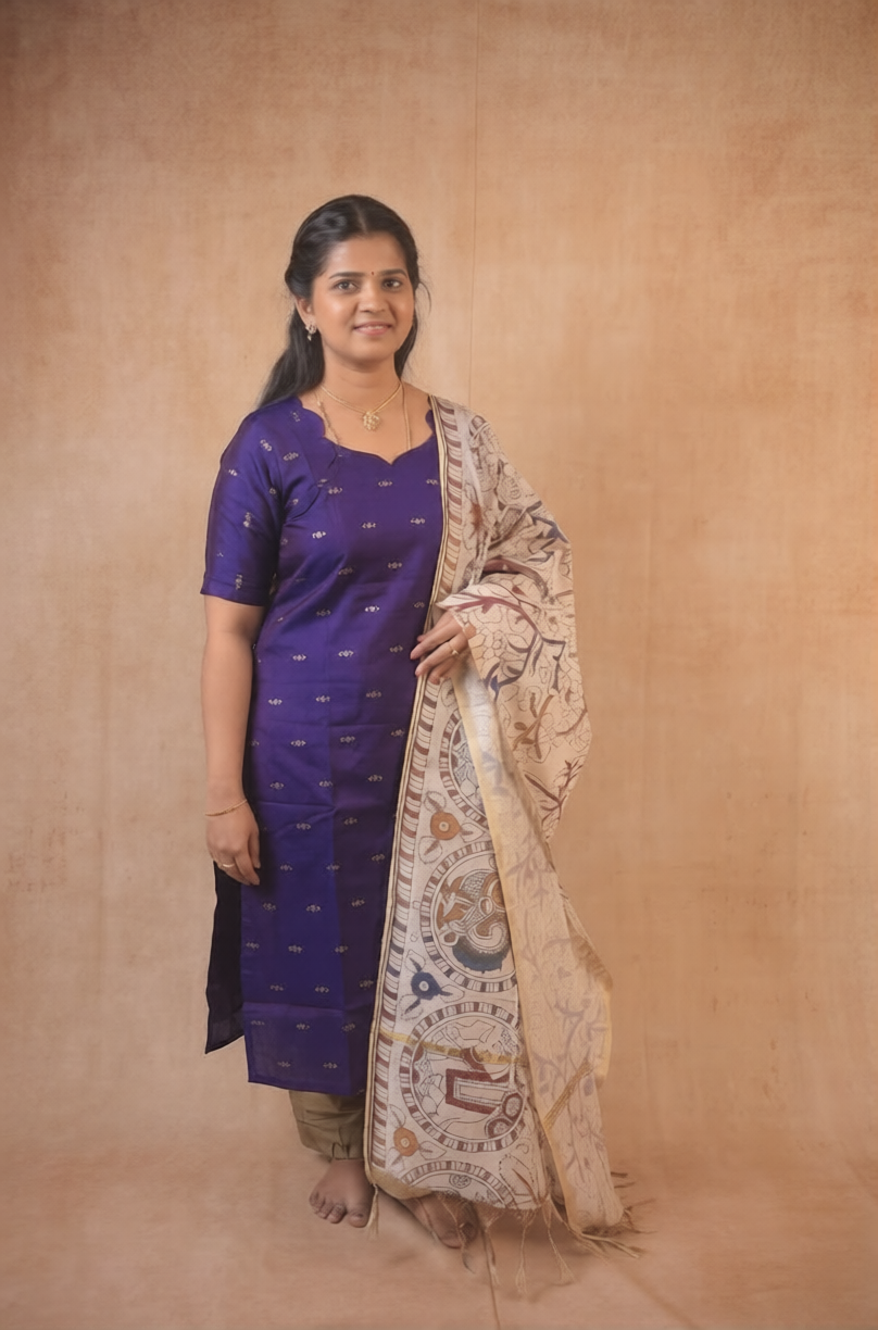 Violet kurta with kalamkari shawl