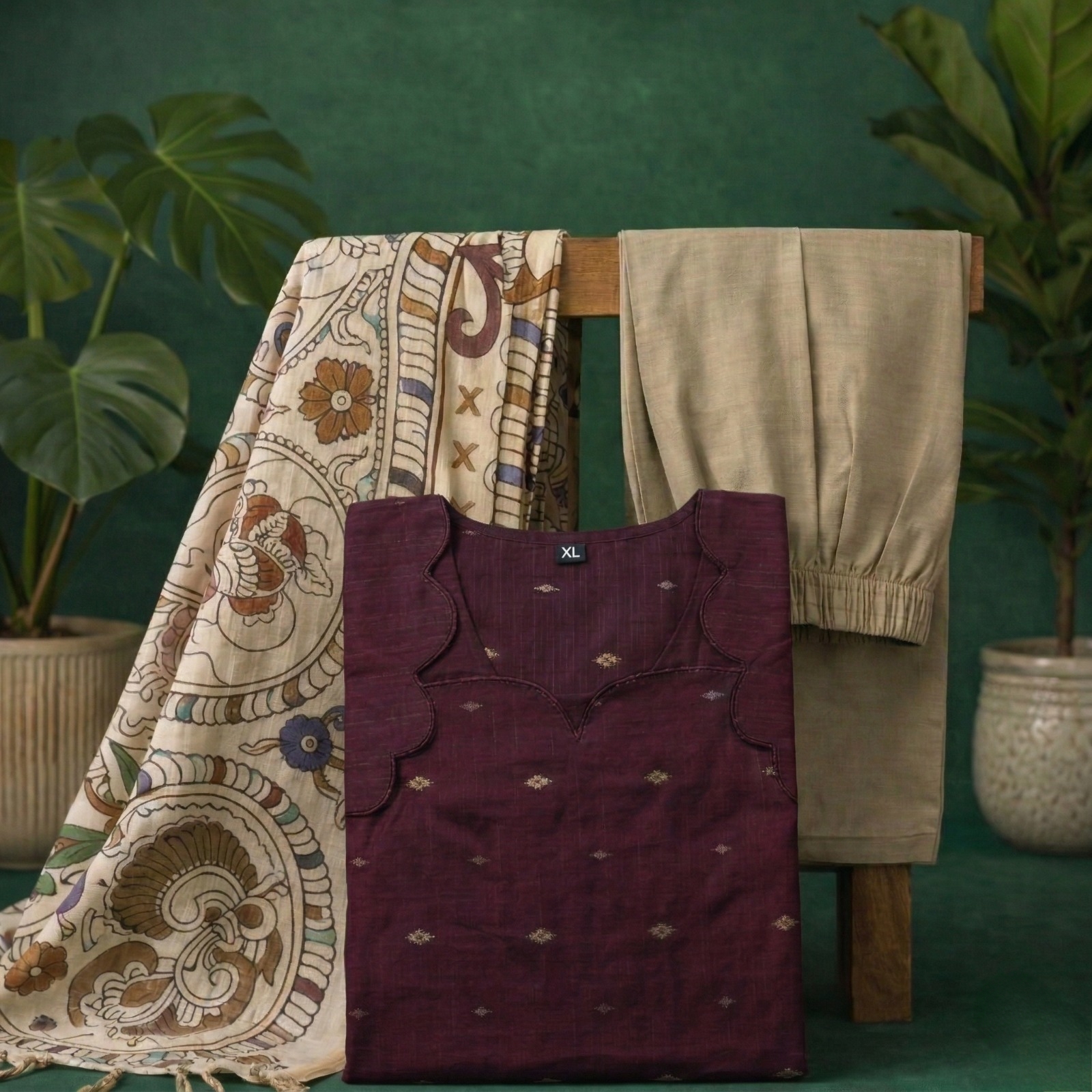 Wine kurta with kalamkari shawl