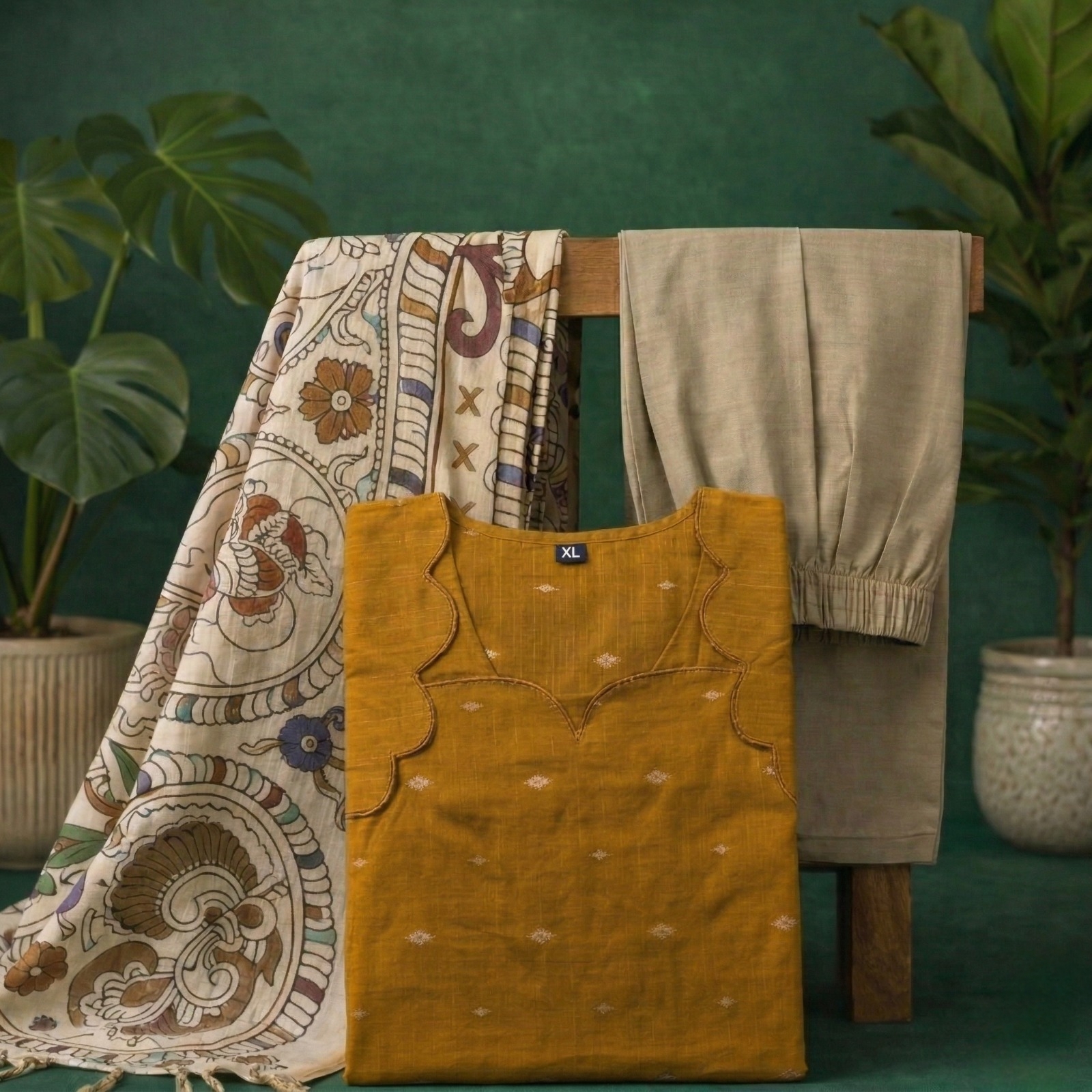 Mustard Yellow kurta with kalamkari shawl