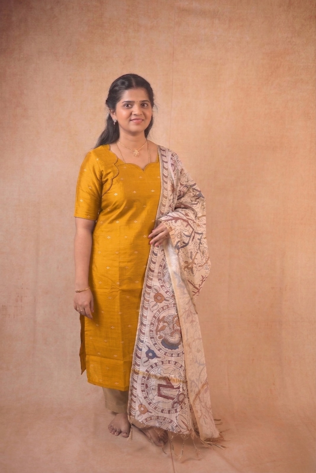 Mustard Yellow kurta with kalamkari shawl