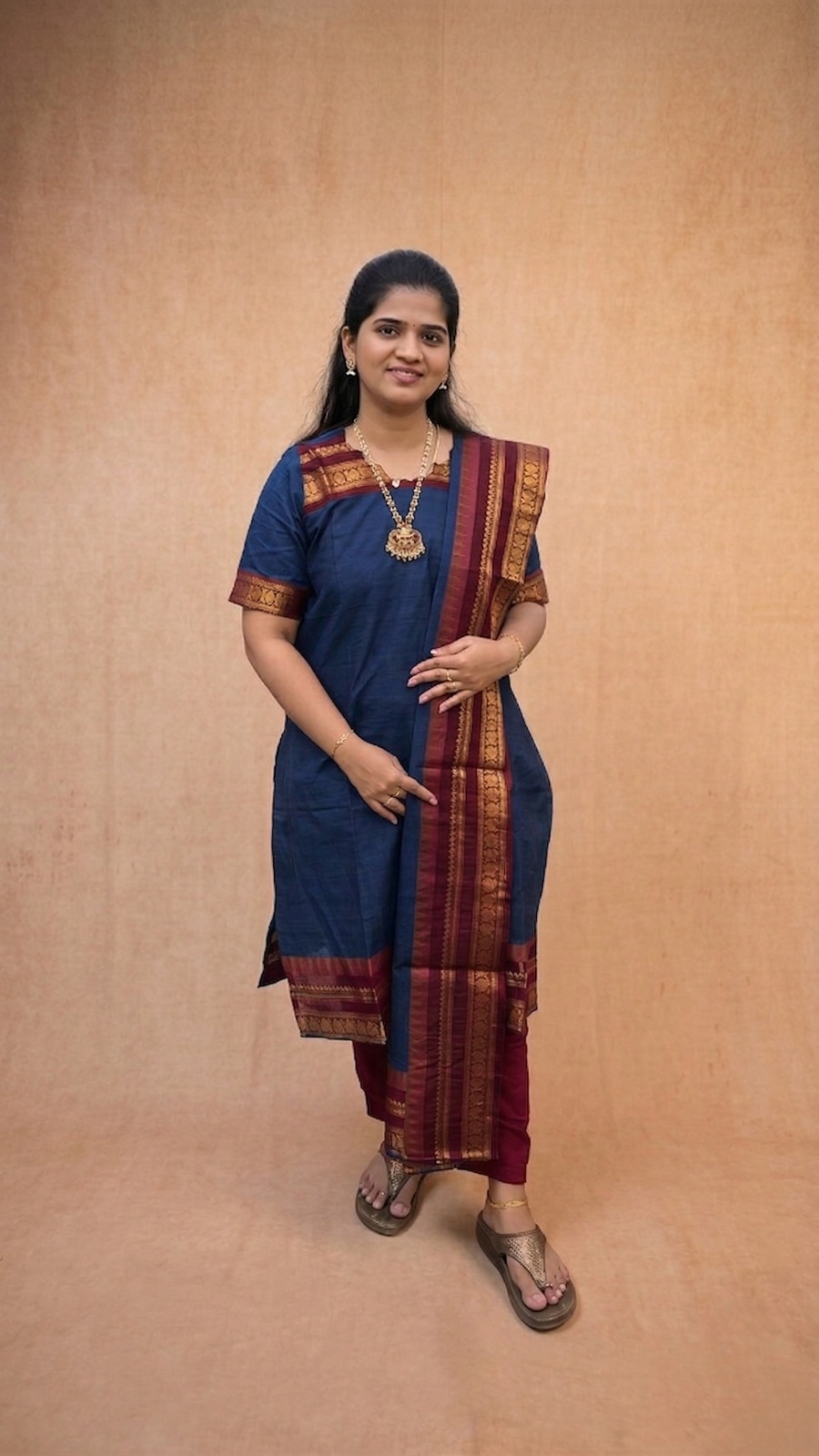 Navy Blue Kurta with Maroon Shawl