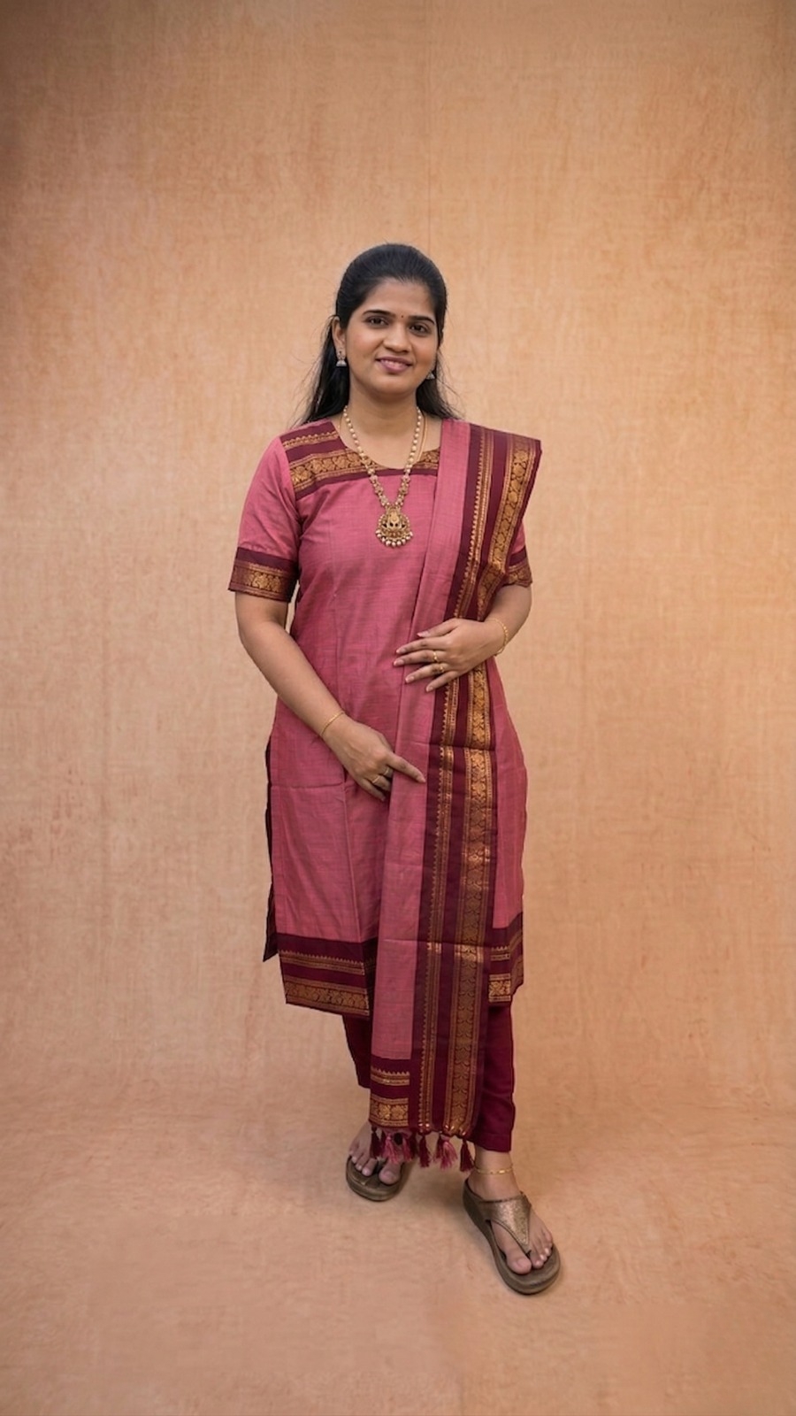 Lite Pink Kurta with Maroon Shawl