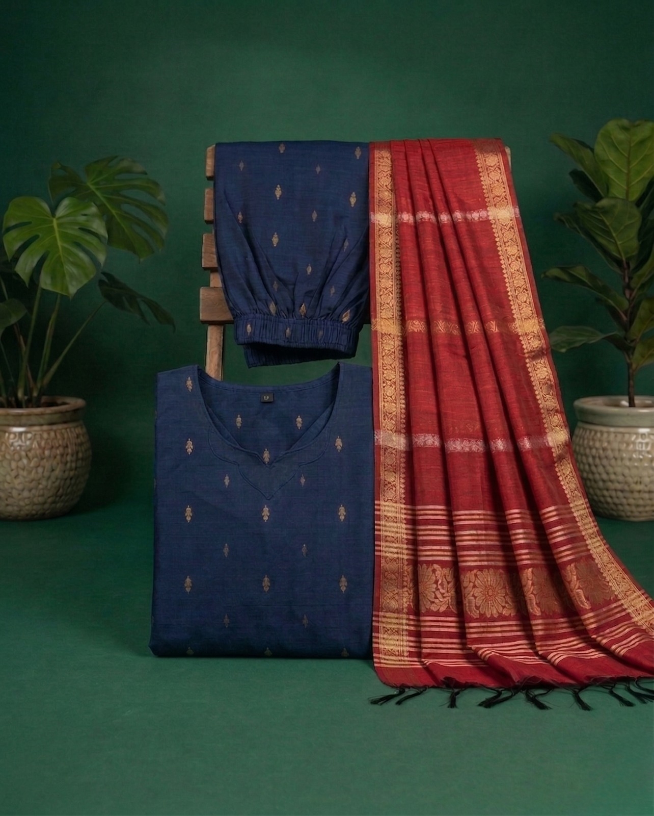 Navy Blue Kurta with Red Shawl