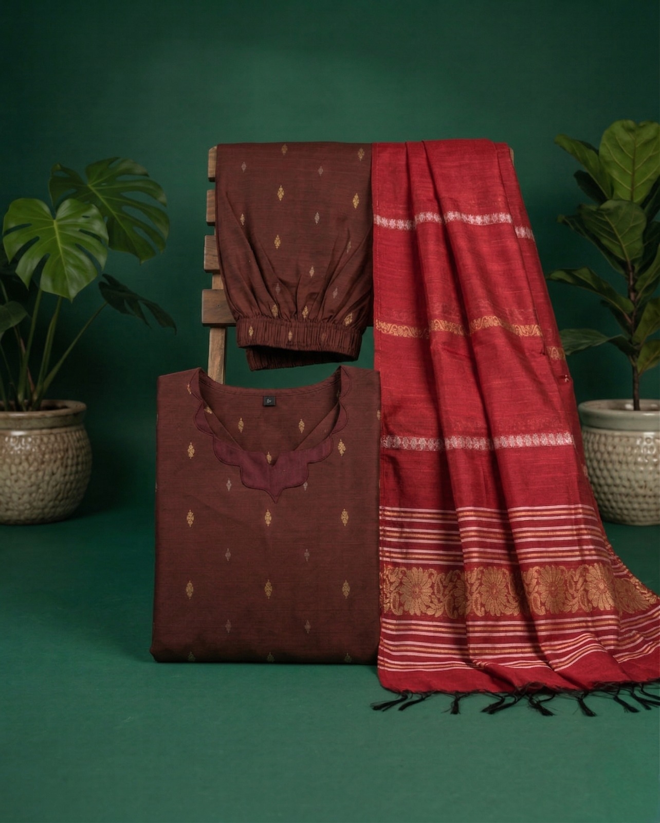 Coffee Brown Kurta with Red Shawl