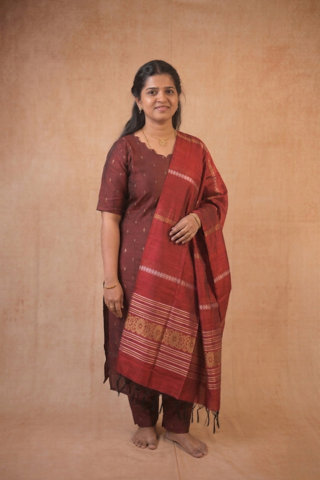 Coffee Brown Kurta with Red Shawl