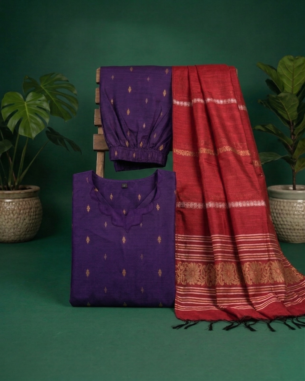 Purple Kurta with Red Shawl