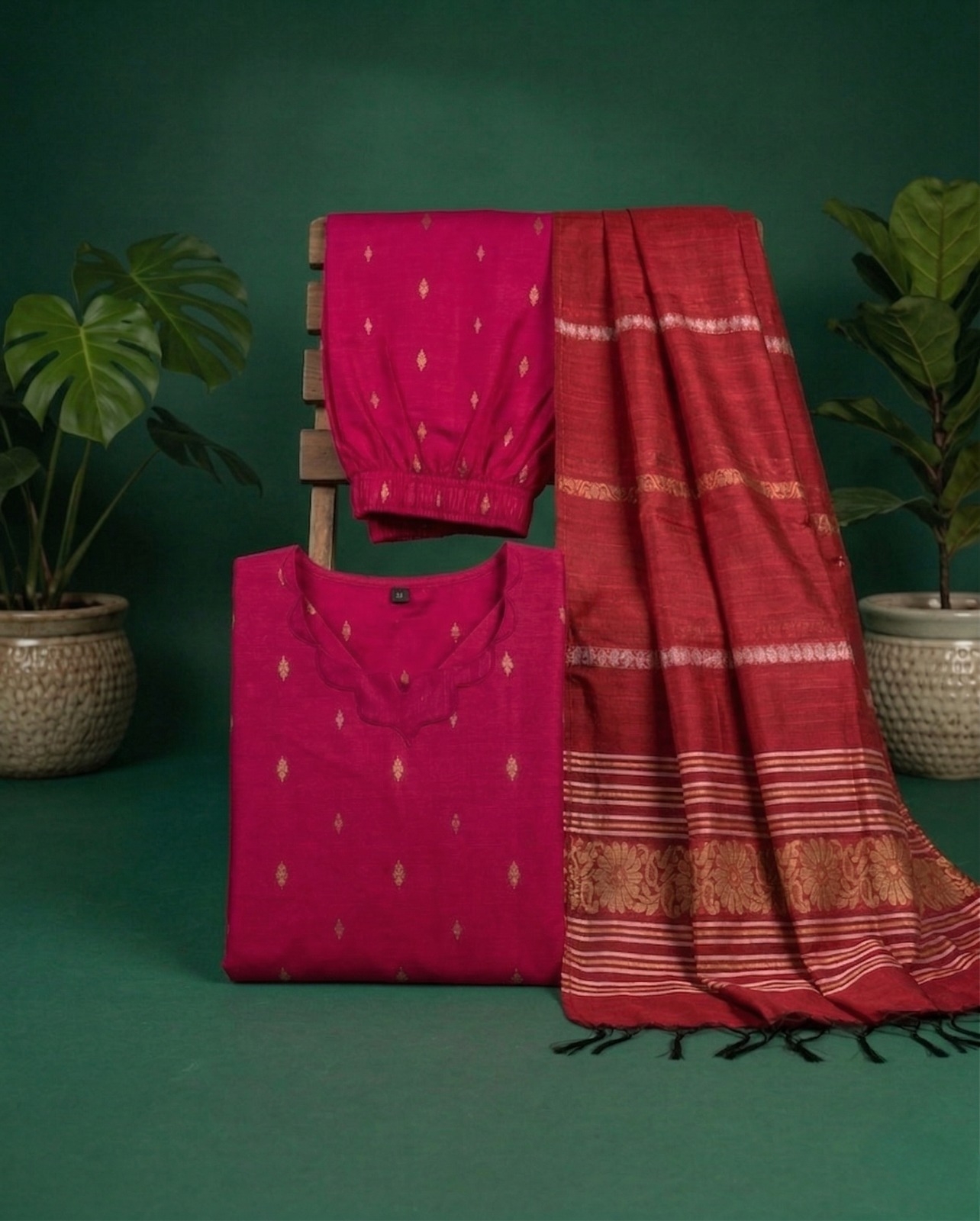 Rani Pink Kurta with Red Shawl