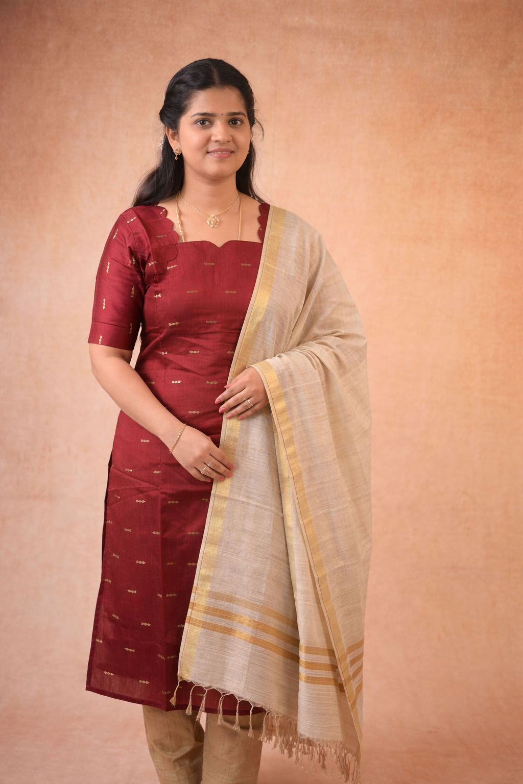 Beige Dupatta with Gold Zari Border